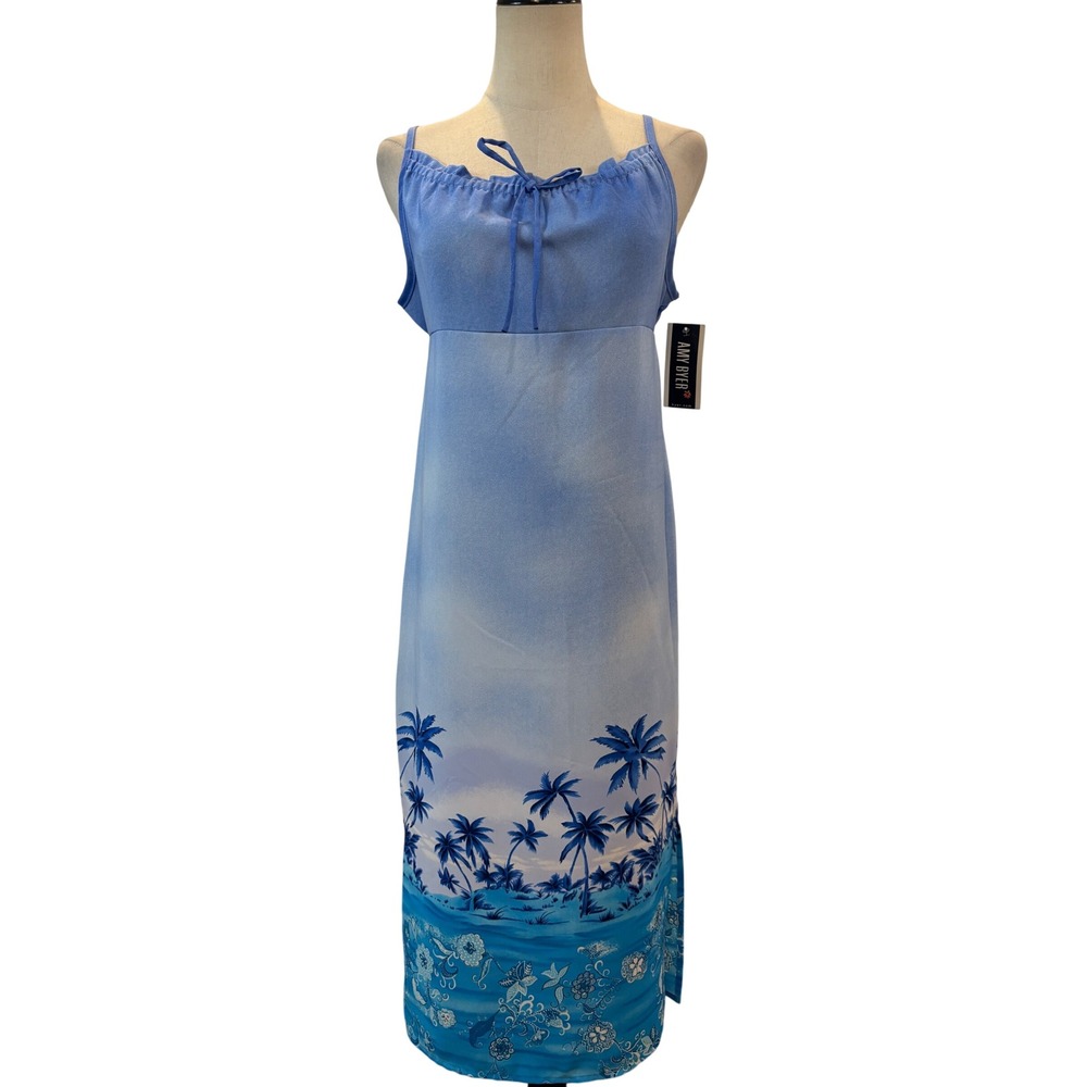 NWT Vtg Y2K Amy Byer Maxi Dress  16 Blue Tropical Print Hawaiian‎ vacation